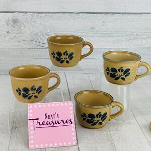 Pfaltzgraff FOLK ART 100 Blue Floral Tan Rustic Castle Imprint Flat Cups Set 4